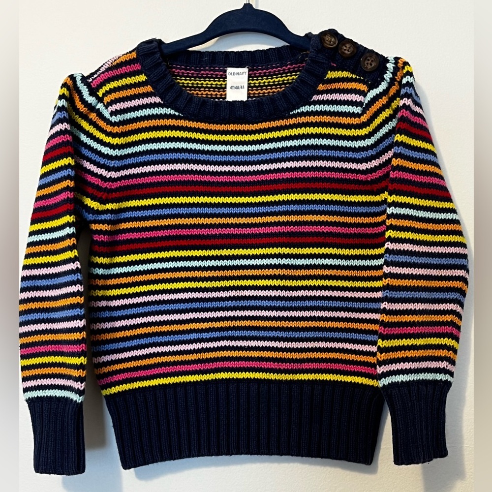 OLD NAVY Girls 4 Cotton Knit Crewneck Buttons Multicolor Stripe Puff Sleeves EUC